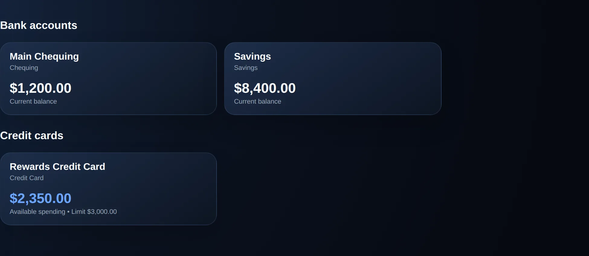 The Accounts tab showing bank accounts (Main Chequing, Savings) and a credit card with available spending room