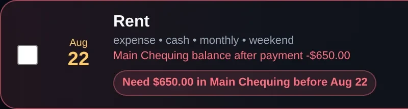 A NeverRunShort timeline entry warning that Main Chequing needs money before rent clears