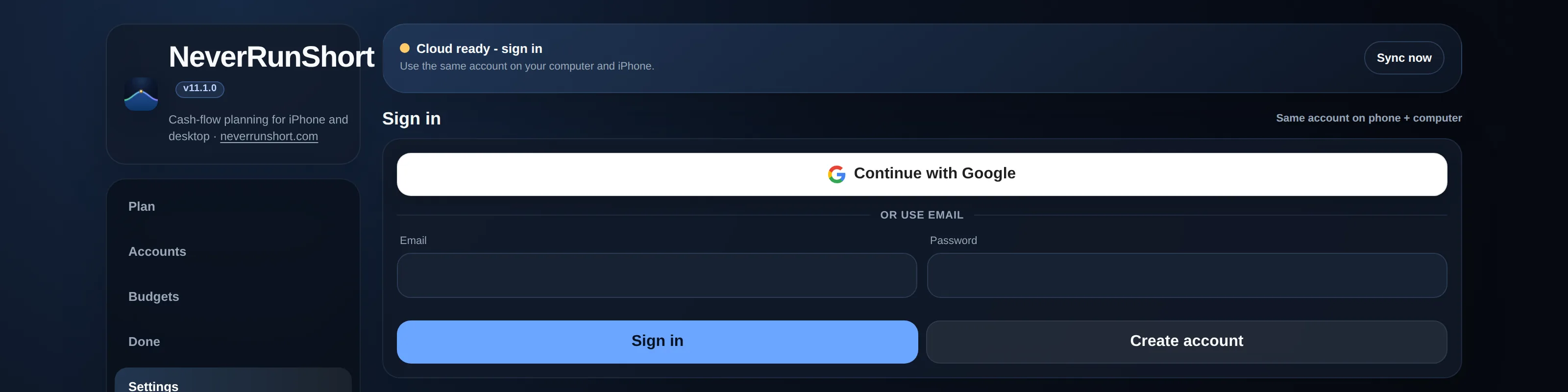 The Settings tab's Sign in card, with Continue with Google and email/password sign-in options